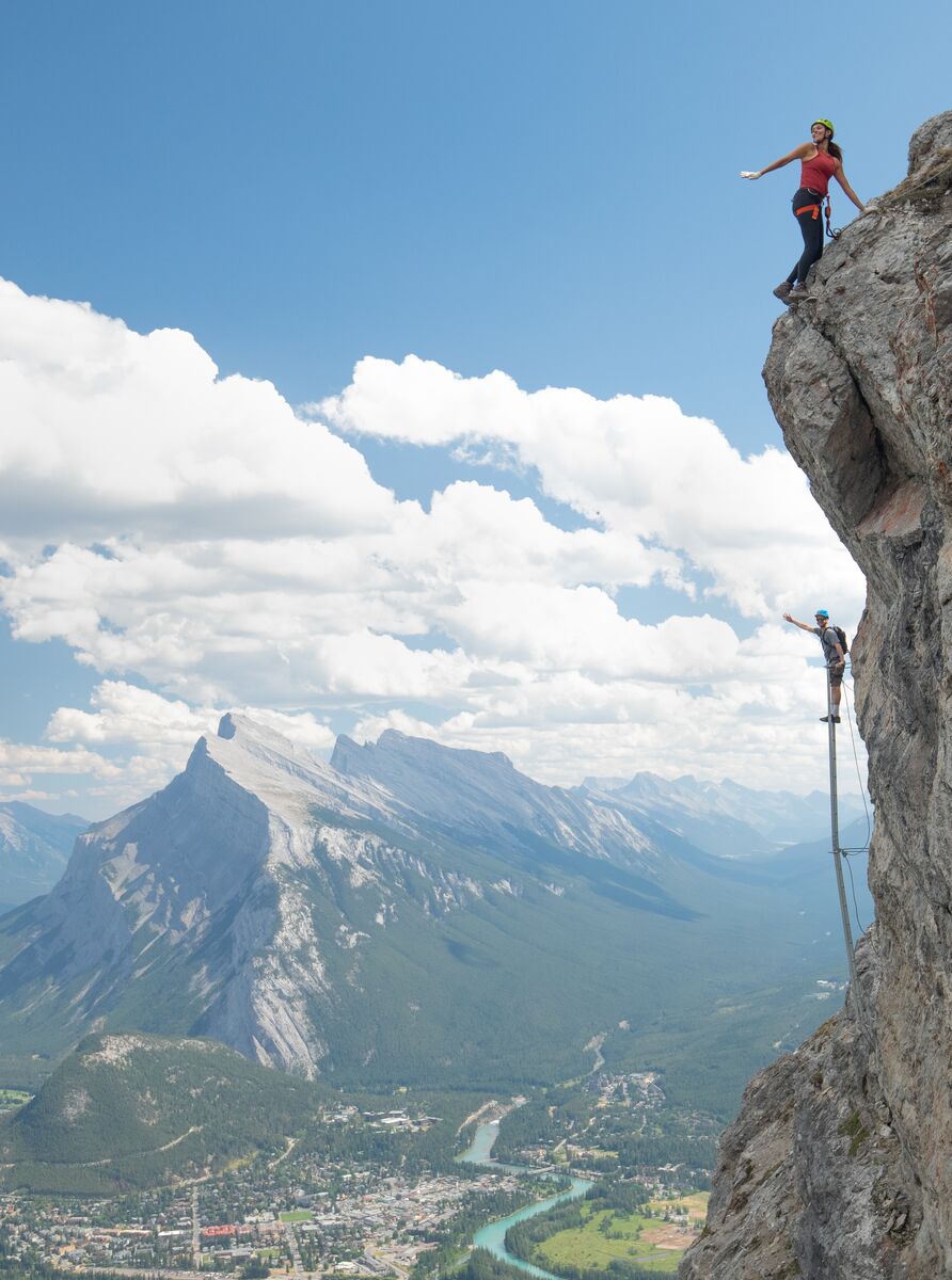 Friends enjoying via ferrata adventure at Mt Norquay